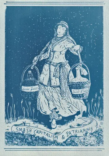 Cyanotype avec une femme qui alimente les luttes féministes et anticapitalistes