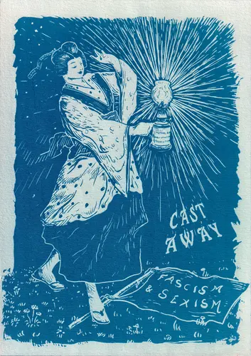 Cyanotype avec une femme qui écarte les ombres du fascisme