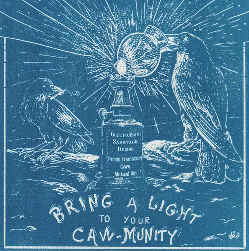 Cyanotype avec des corneilles qui apportent la lumière de la justice sociale